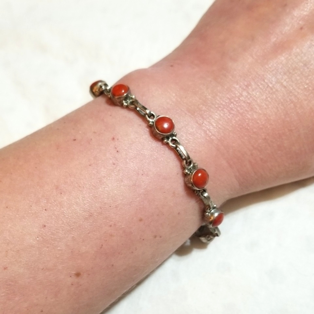 Native American Natural Red Coral Sterling Link Vintage Bracelet